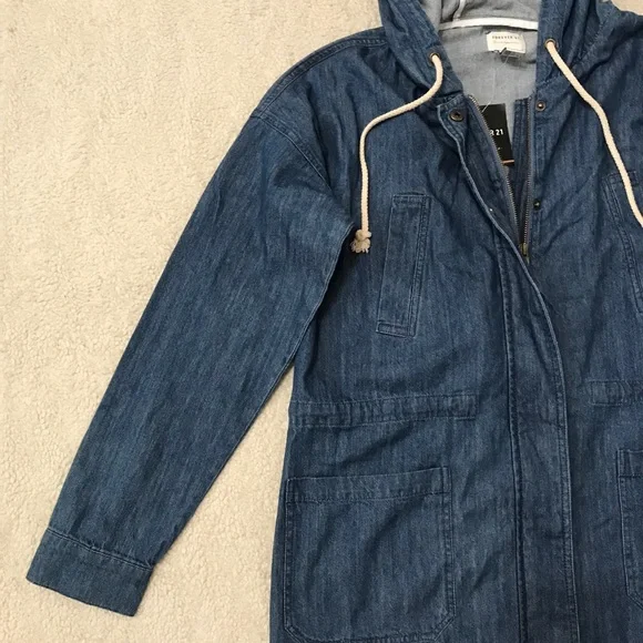 SOLD Forever 21 Denim Hoodie Jacket Oversized Parka Blue Pit to Pit 21” Size XS - Picture 5 of 16